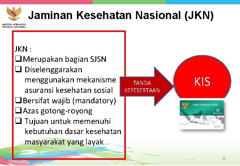 Jaminan Kesehatan Nasional (JKN) MENTERI KESEHATAN REPUBLIK INDONESIA JKN : q. Merupakan bagian SJSN