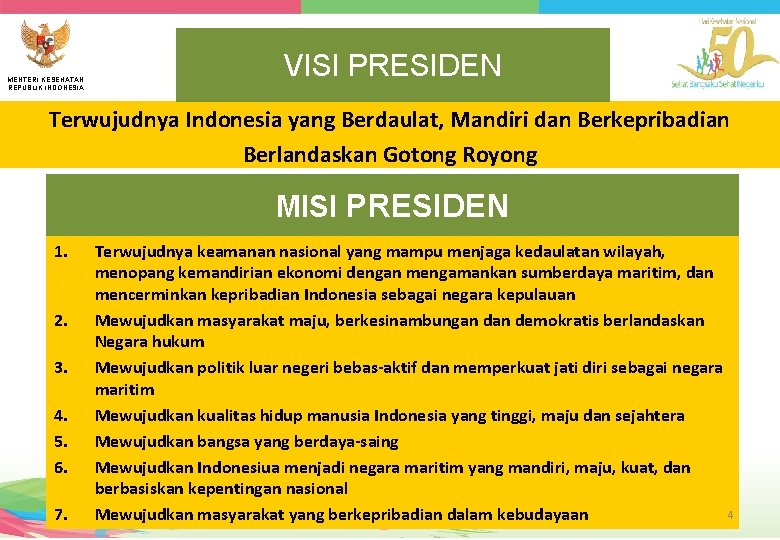 MENTERI KESEHATAN REPUBLIK INDONESIA VISI PRESIDEN Terwujudnya Indonesia yang Berdaulat, Mandiri dan Berkepribadian Berlandaskan
