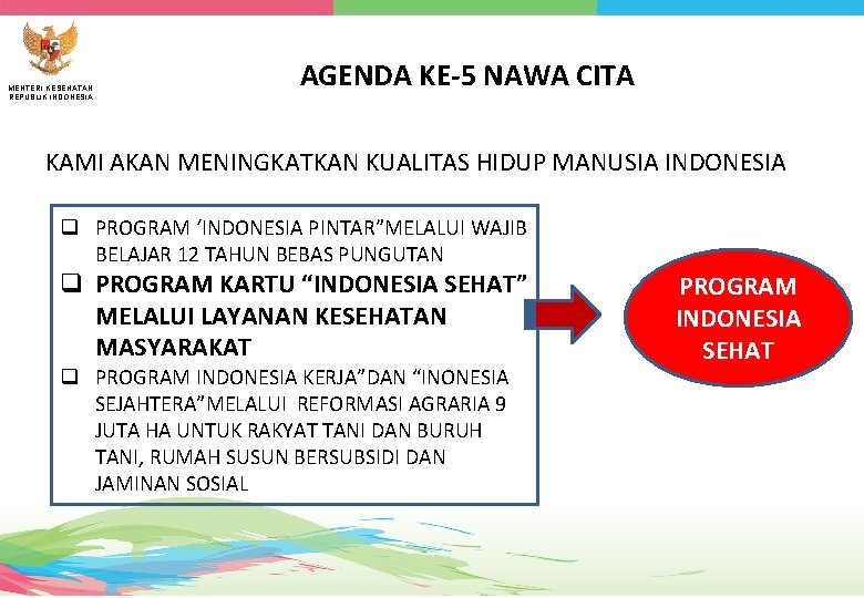 MENTERI KESEHATAN REPUBLIK INDONESIA AGENDA KE-5 NAWA CITA KAMI AKAN MENINGKATKAN KUALITAS HIDUP MANUSIA