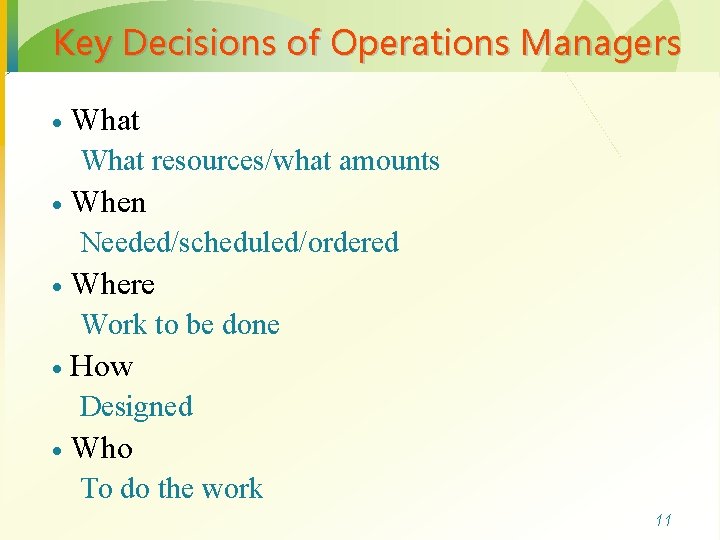 Key Decisions of Operations Managers · What resources/what amounts · When Needed/scheduled/ordered · Where