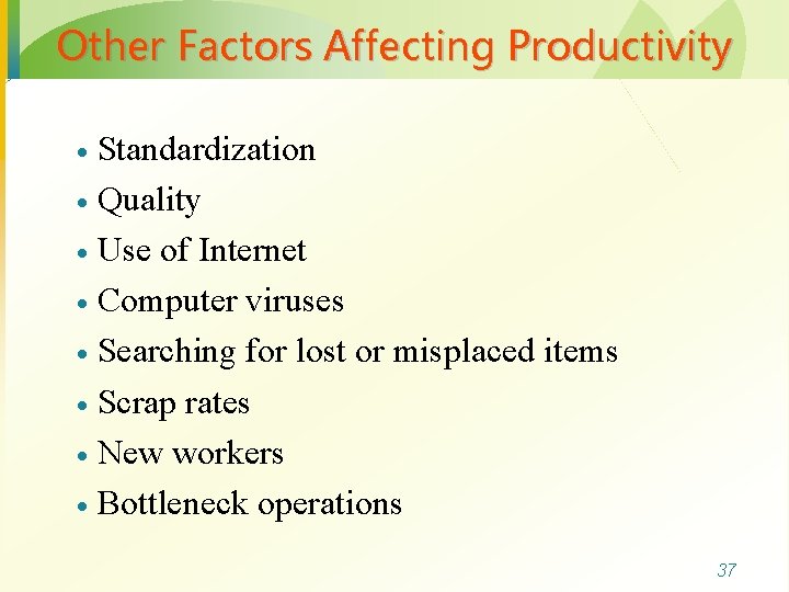 Other Factors Affecting Productivity Standardization · Quality · Use of Internet · Computer viruses