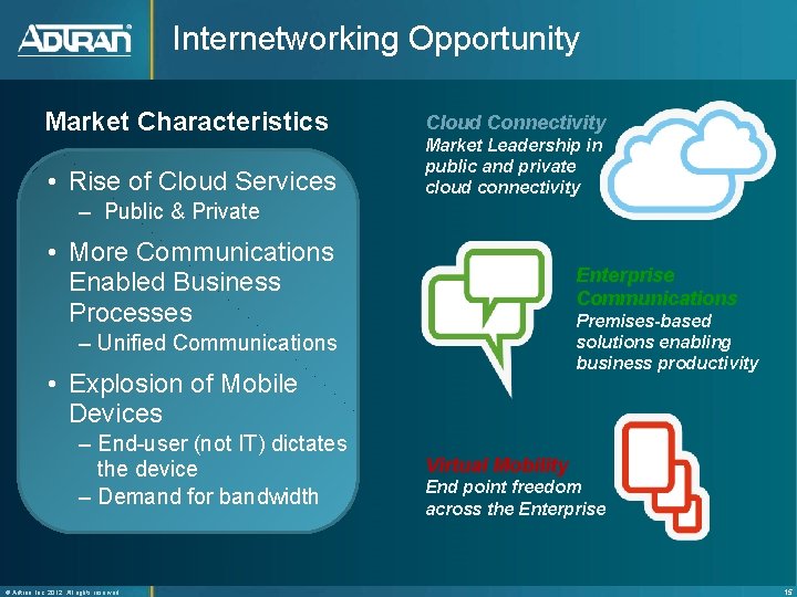 Internetworking Opportunity Market Characteristics • Rise of Cloud Services Cloud Connectivity Market Leadership in