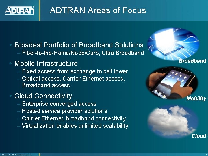 ADTRAN Areas of Focus Broadest Portfolio of Broadband Solutions – Fiber-to-the-Home/Node/Curb, Ultra Broadband Mobile