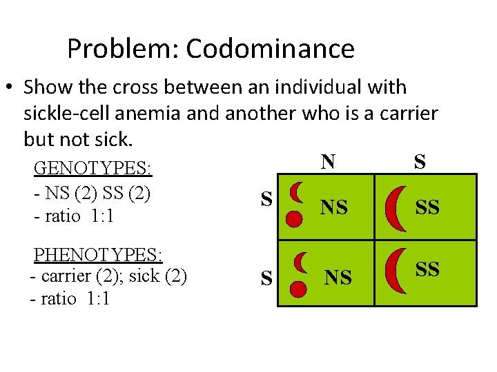 Problem: Codominance • Show the cross between an individual with sickle-cell anemia and another