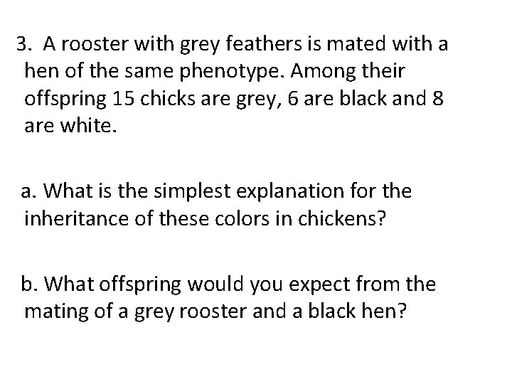  3. A rooster with grey feathers is mated with a hen of the