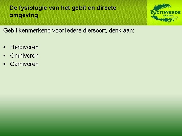 De fysiologie van het gebit en directe omgeving Gebit kenmerkend voor iedere diersoort, denk