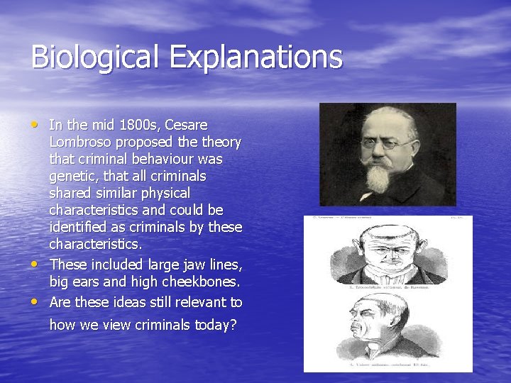Biological Explanations • In the mid 1800 s, Cesare • • Lombroso proposed theory