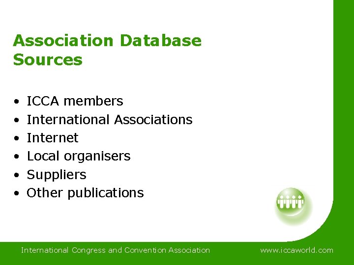 Association Database Sources • • • ICCA members International Associations Internet Local organisers Suppliers