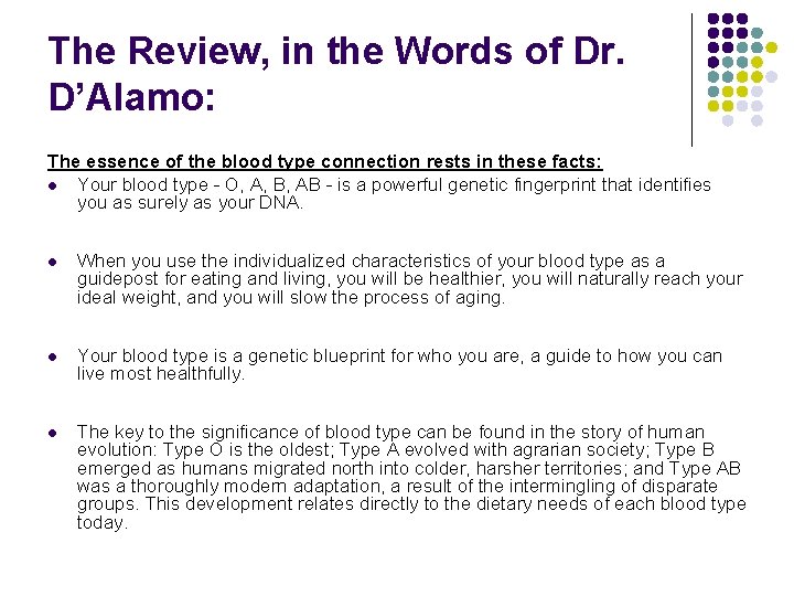 The Review, in the Words of Dr. D’Alamo: The essence of the blood type
