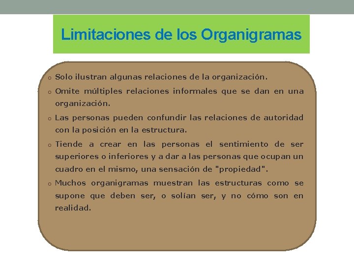 Limitaciones de los Organigramas o Solo ilustran algunas relaciones de la organización. o Omite