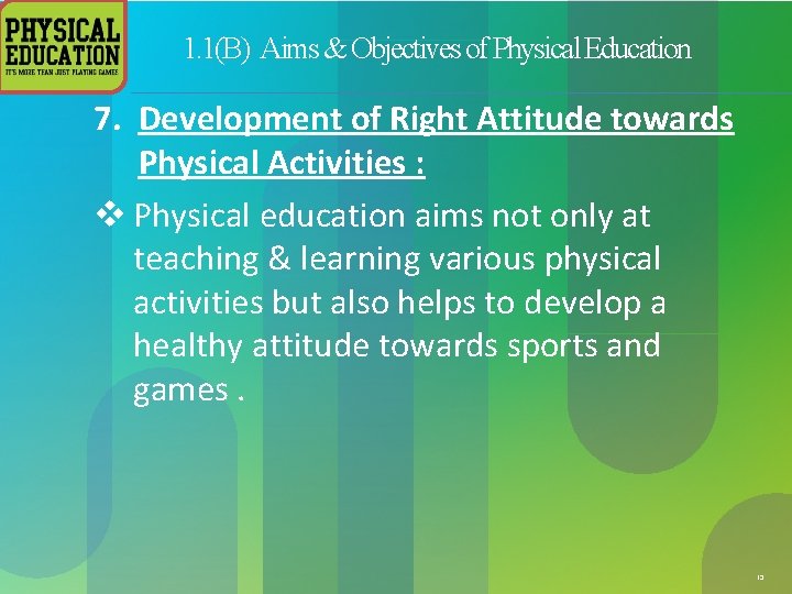 1. 1(B) Aims & Objectives of Physical Education 7. Development of Right Attitude towards