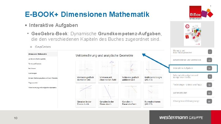 E-BOOK+ Dimensionen Mathematik § Interaktive Aufgaben • Geo. Gebra-Book: Dynamische Grundkompetenz-Aufgaben, die den verschiedenen