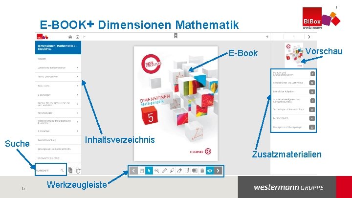 E-BOOK+ Dimensionen Mathematik E-Book Suche Vorschau Inhaltsverzeichnis Zusatzmaterialien 5 Werkzeugleiste E-BOOK+ Dimensionen Mathematik E-Book Suche Vorschau Inhaltsverzeichnis Zusatzmaterialien 5 Werkzeugleiste