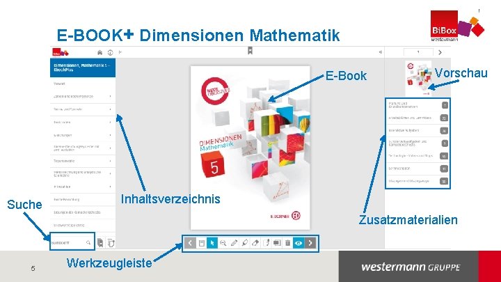 E-BOOK+ Dimensionen Mathematik E-Book Suche Vorschau Inhaltsverzeichnis Zusatzmaterialien 5 Werkzeugleiste 