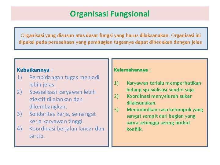 Organisasi Fungsional Organisasi yang disusun atas dasar fungsi yang harus dilaksanakan. Organisasi ini dipakai