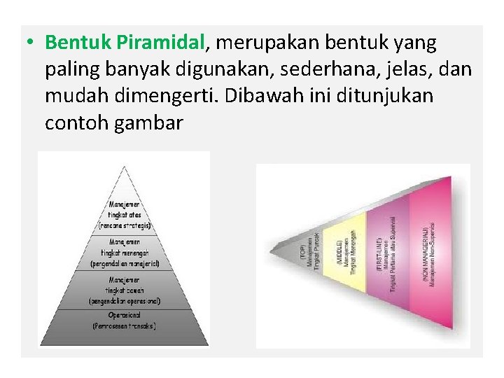  • Bentuk Piramidal, merupakan bentuk yang paling banyak digunakan, sederhana, jelas, dan mudah