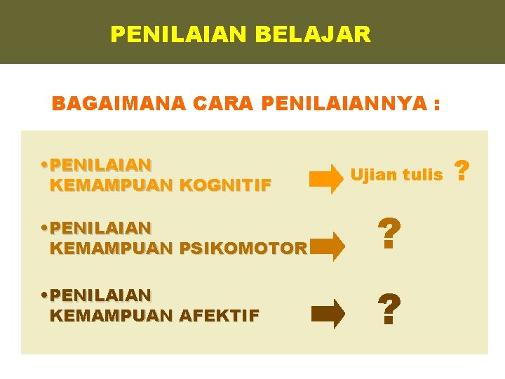 PENILAIAN BELAJAR BAGAIMANA CARA PENILAIANNYA : • PENILAIAN KEMAMPUAN KOGNITIF Ujian tulis • PENILAIAN