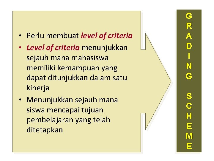  • Perlu membuat level of criteria • Level of criteria menunjukkan sejauh mana