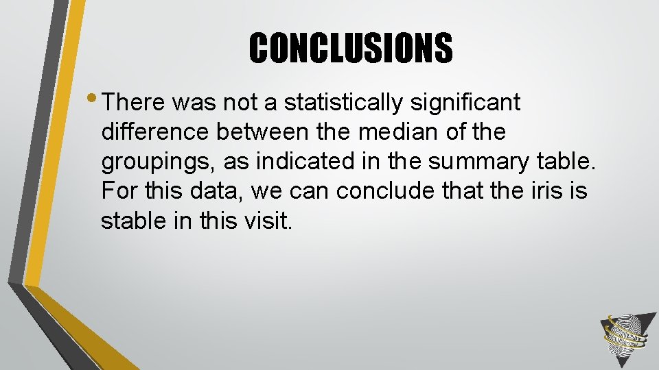 CONCLUSIONS • There was not a statistically significant difference between the median of the