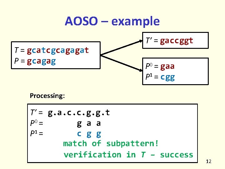 AOSO – example T = gcatcgcagagat P = gcagag T’ = gaccggt P 0