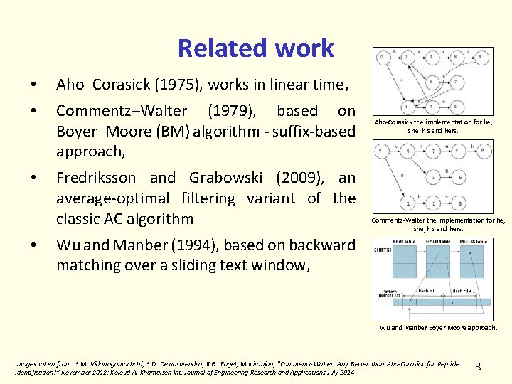 Related work • Aho–Corasick (1975), works in linear time, • Commentz–Walter (1979), based on