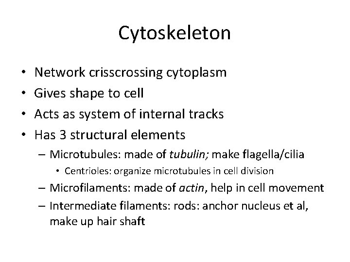 Cytoskeleton • • Network crisscrossing cytoplasm Gives shape to cell Acts as system of