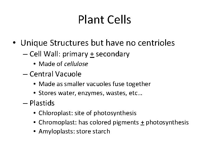 Plant Cells • Unique Structures but have no centrioles – Cell Wall: primary +