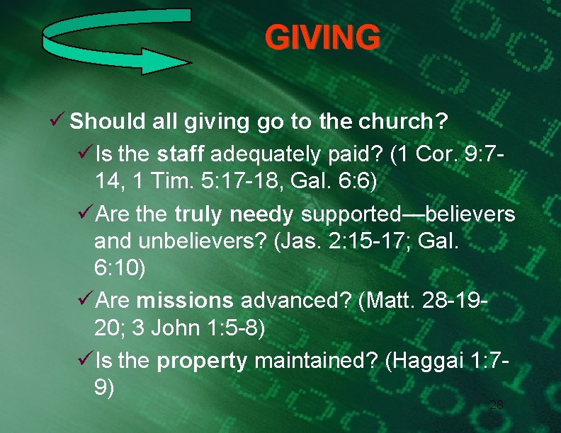 GIVING ü Should all giving go to the church? üIs the staff adequately paid?