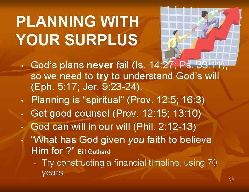 PLANNING WITH YOUR SURPLUS • • • God’s plans never fail (Is. 14: 27;