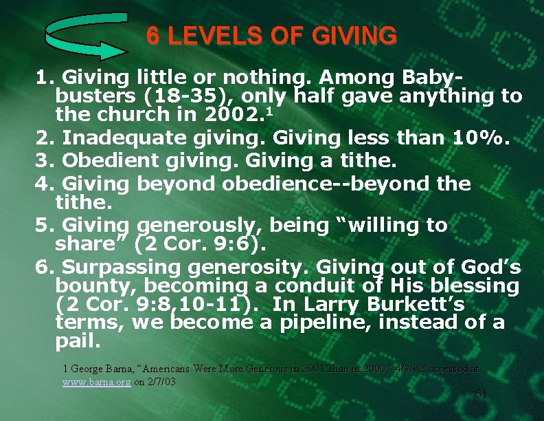 6 LEVELS OF GIVING 1. Giving little or nothing. Among Babybusters (18 -35), only