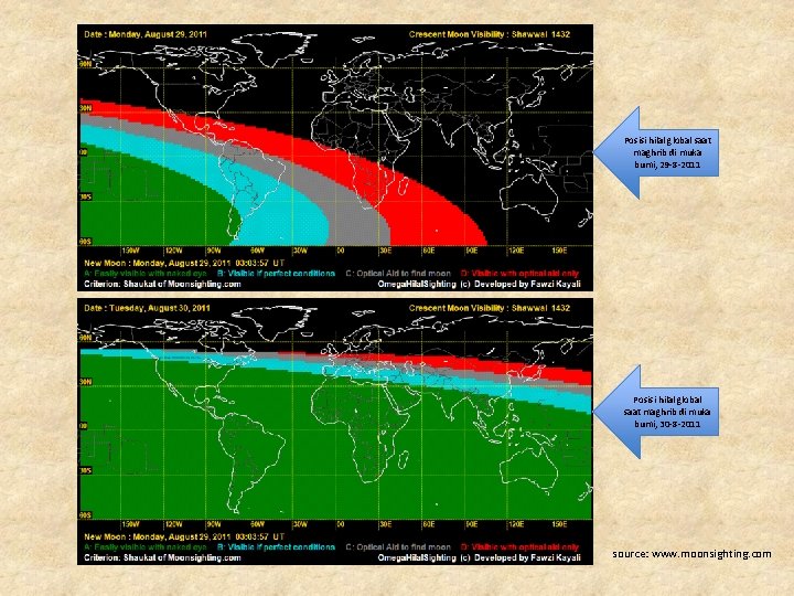 Posisi hilal global saat maghrib di muka bumi, 29 -8 -2011 Posisi hilal global