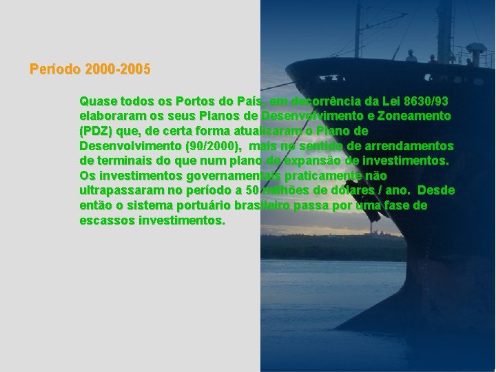 Período 2000 -2005 Quase todos os Portos do País, em decorrência da Lei 8630/93