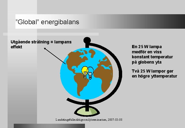 ”Global” energibalans Utgående strålning = lampans effekt En 25 W lampa medför en viss