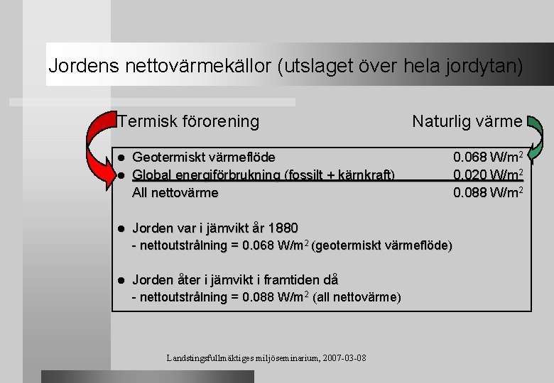 Jordens nettovärmekällor (utslaget över hela jordytan) Termisk förorening Naturlig värme Geotermiskt värmeflöde l Global