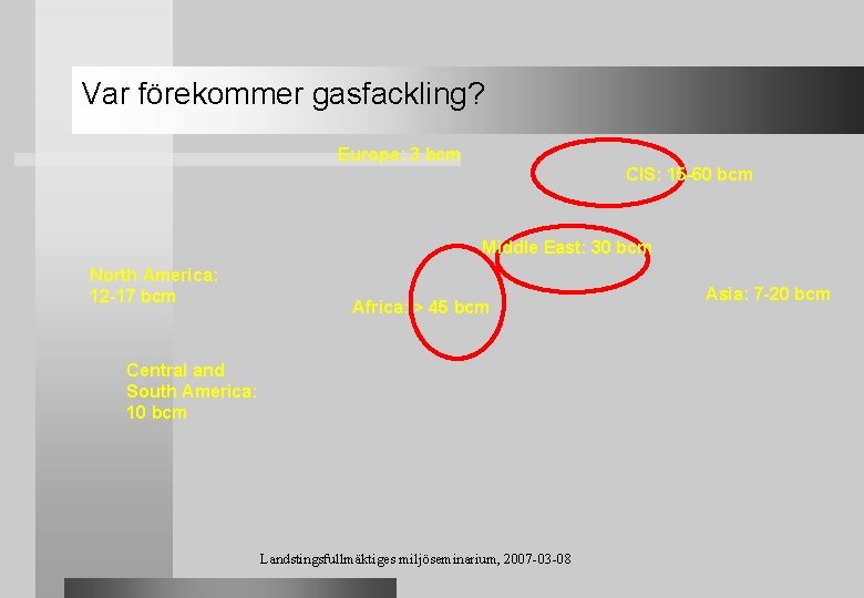 Var förekommer gasfackling? Europe: 3 bcm CIS: 15 -60 bcm Middle East: 30 bcm