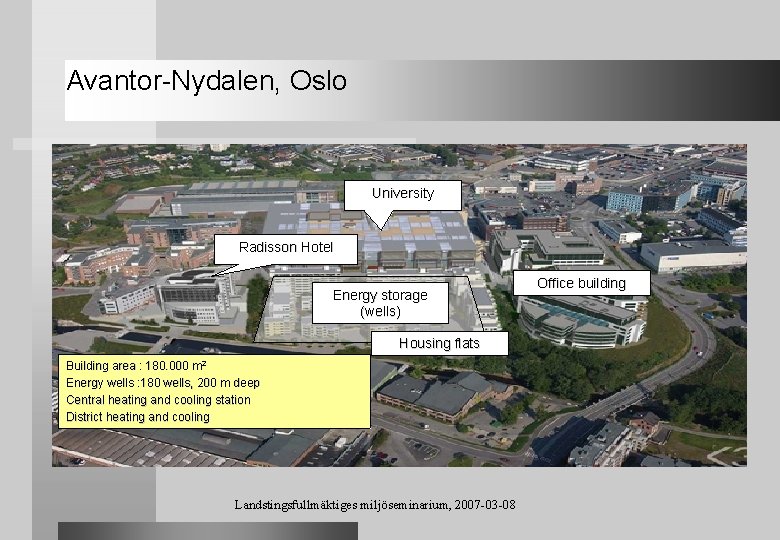 Avantor-Nydalen, Oslo University Radisson Hotel Energy storage (wells) Housing flats Building area : 180.