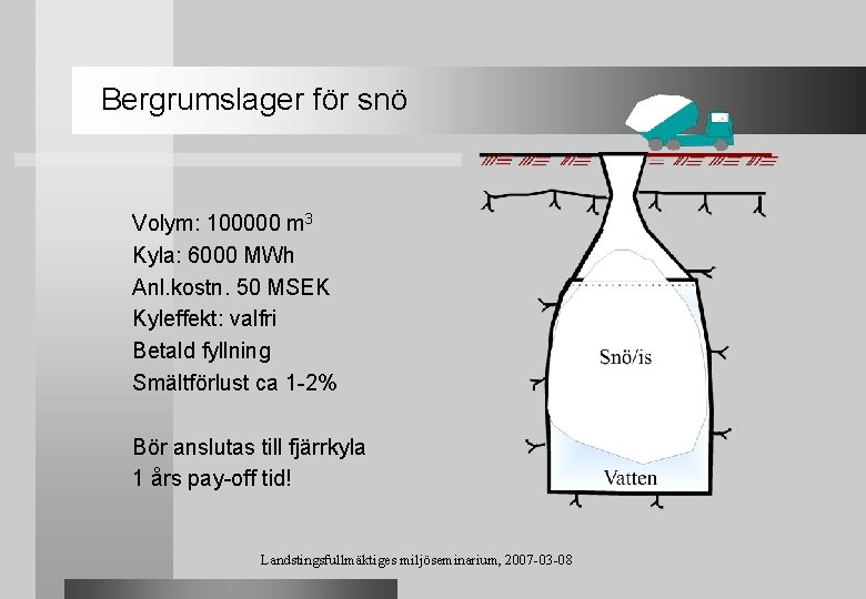 Bergrumslager för snö Volym: 100000 m 3 Kyla: 6000 MWh Anl. kostn. 50 MSEK