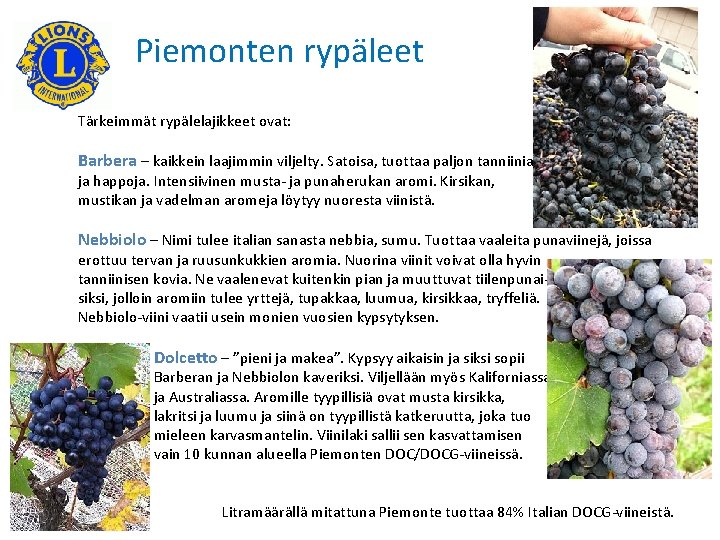 Piemonten rypäleet Tärkeimmät rypälelajikkeet ovat: Barbera – kaikkein laajimmin viljelty. Satoisa, tuottaa paljon tanniinia