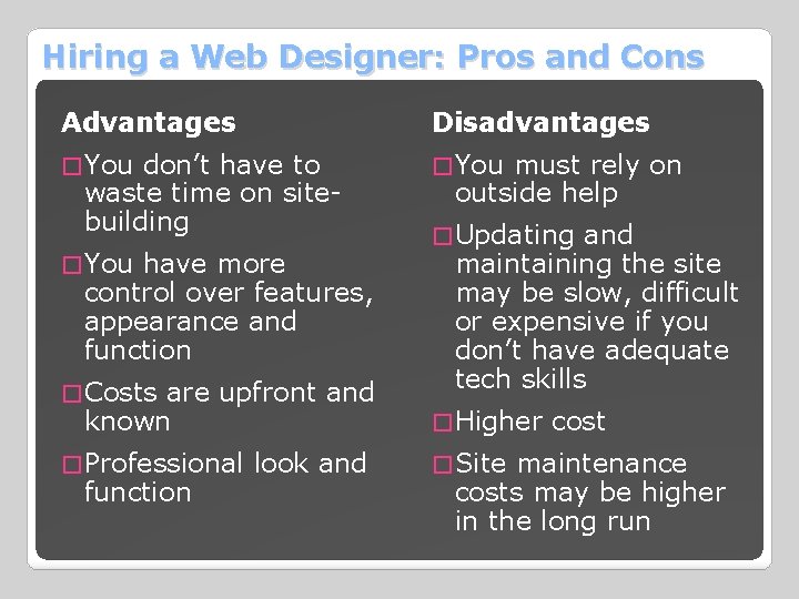 Hiring a Web Designer: Pros and Cons Advantages Disadvantages � You don’t have to