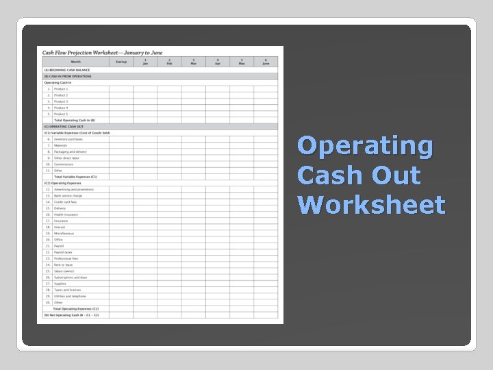 Operating Cash Out Worksheet 