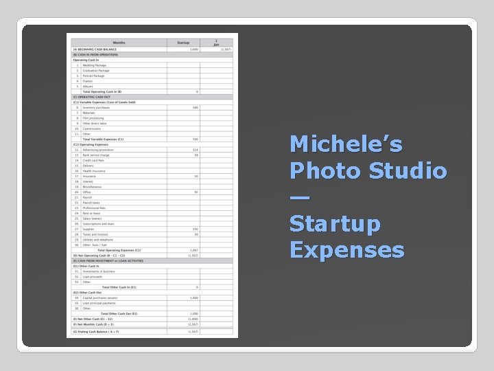 Michele’s Photo Studio — Startup Expenses 