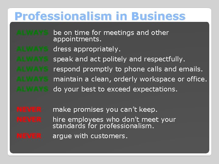 Professionalism in Business ALWAYS be on time for meetings and other appointments. ALWAYS dress