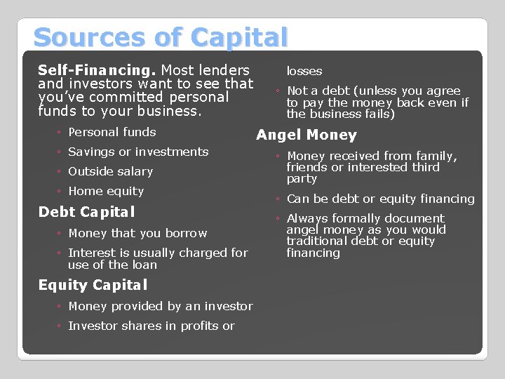 Sources of Capital Self-Financing. Most lenders and investors want to see that you’ve committed