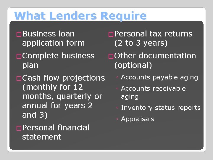 What Lenders Require �Business loan �Personal tax returns �Complete business �Other documentation application form