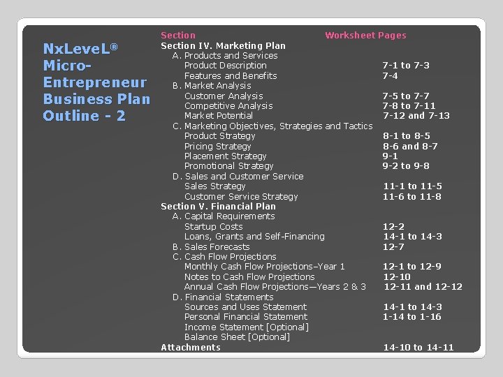 Nx. Leve. L® Micro. Entrepreneur Business Plan Outline - 2 Section Worksheet Pages Section