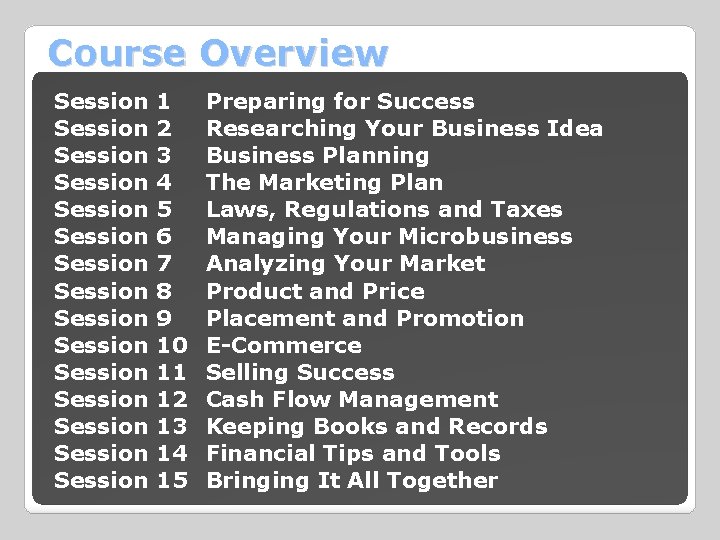 Course Overview Session 1 Session 2 Session 3 Session 4 Session 5 Session 6