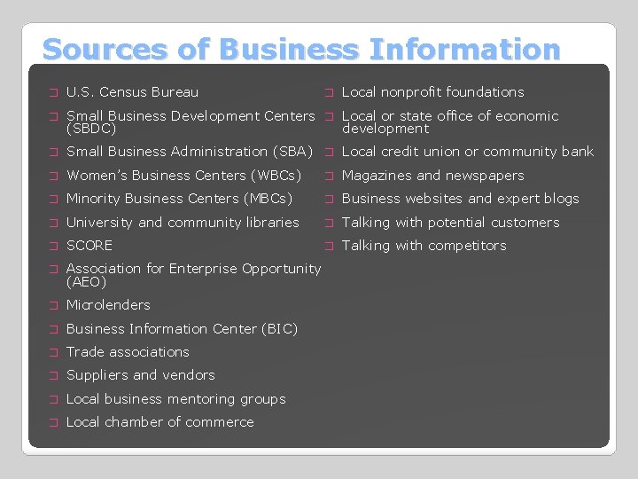 Sources of Business Information � U. S. Census Bureau � Small Business Development Centers