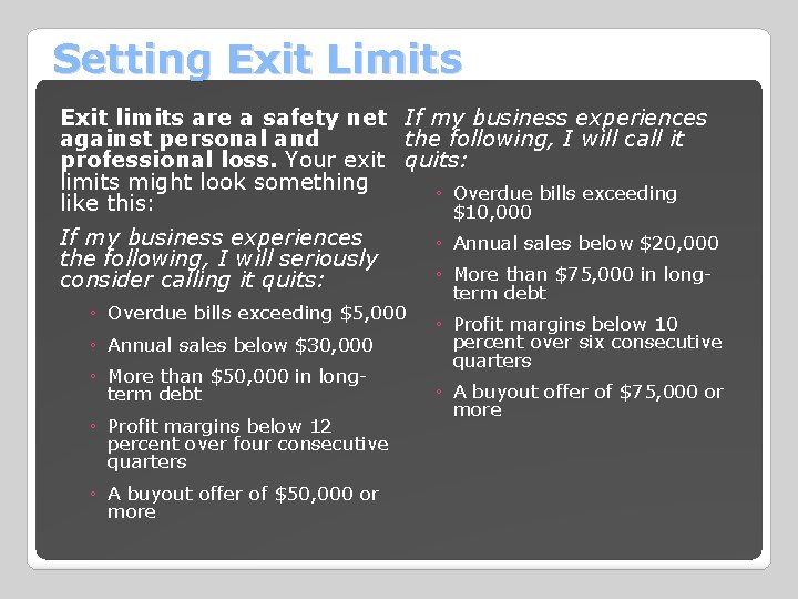 Setting Exit Limits Exit limits are a safety net If my business experiences the