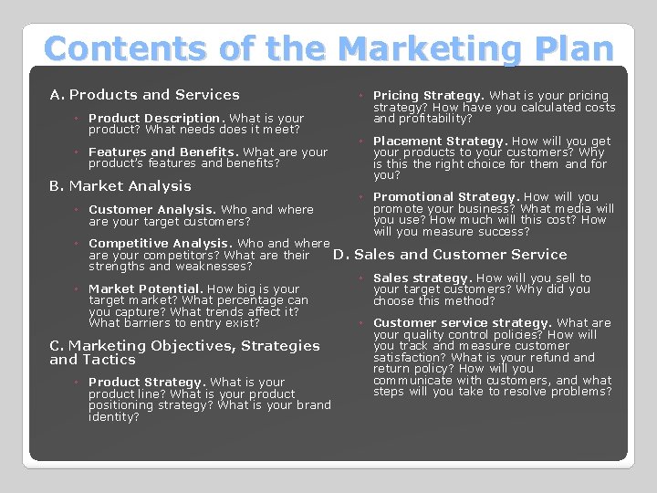 Contents of the Marketing Plan A. Products and Services ◦ Product Description. What is