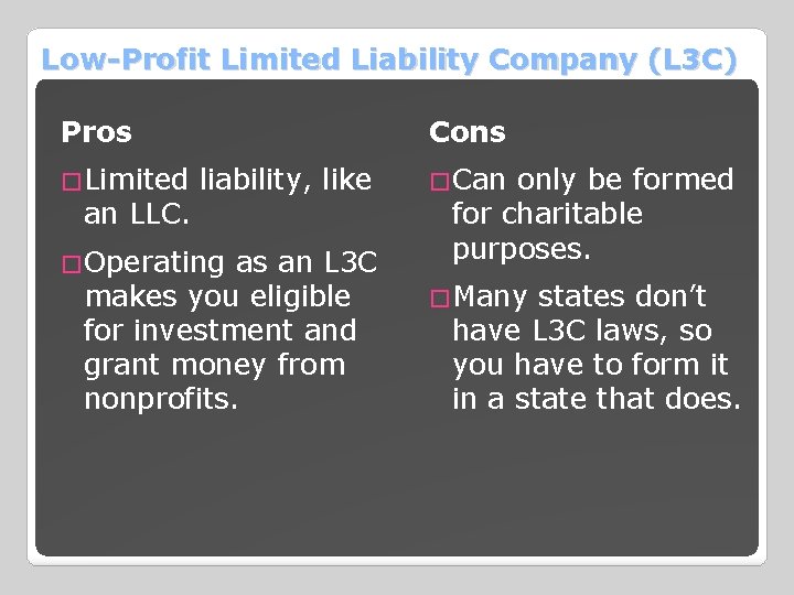 Low-Profit Limited Liability Company (L 3 C) Pros Cons �Limited liability, like �Can only